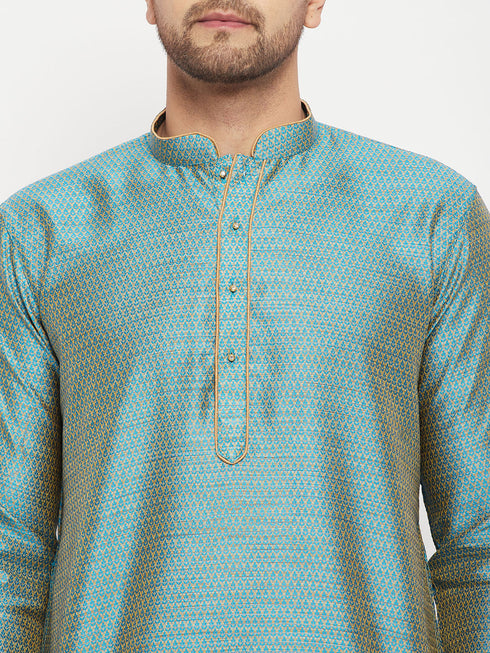 VASTRAMAY Men's Aqua Blue Silk Blend Kurta